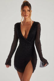 Oh Polly Chelsea Robe mini noire cache-cœur perlée