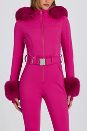 Oh Polly combinaison ski rose capuche fourrure imperméable