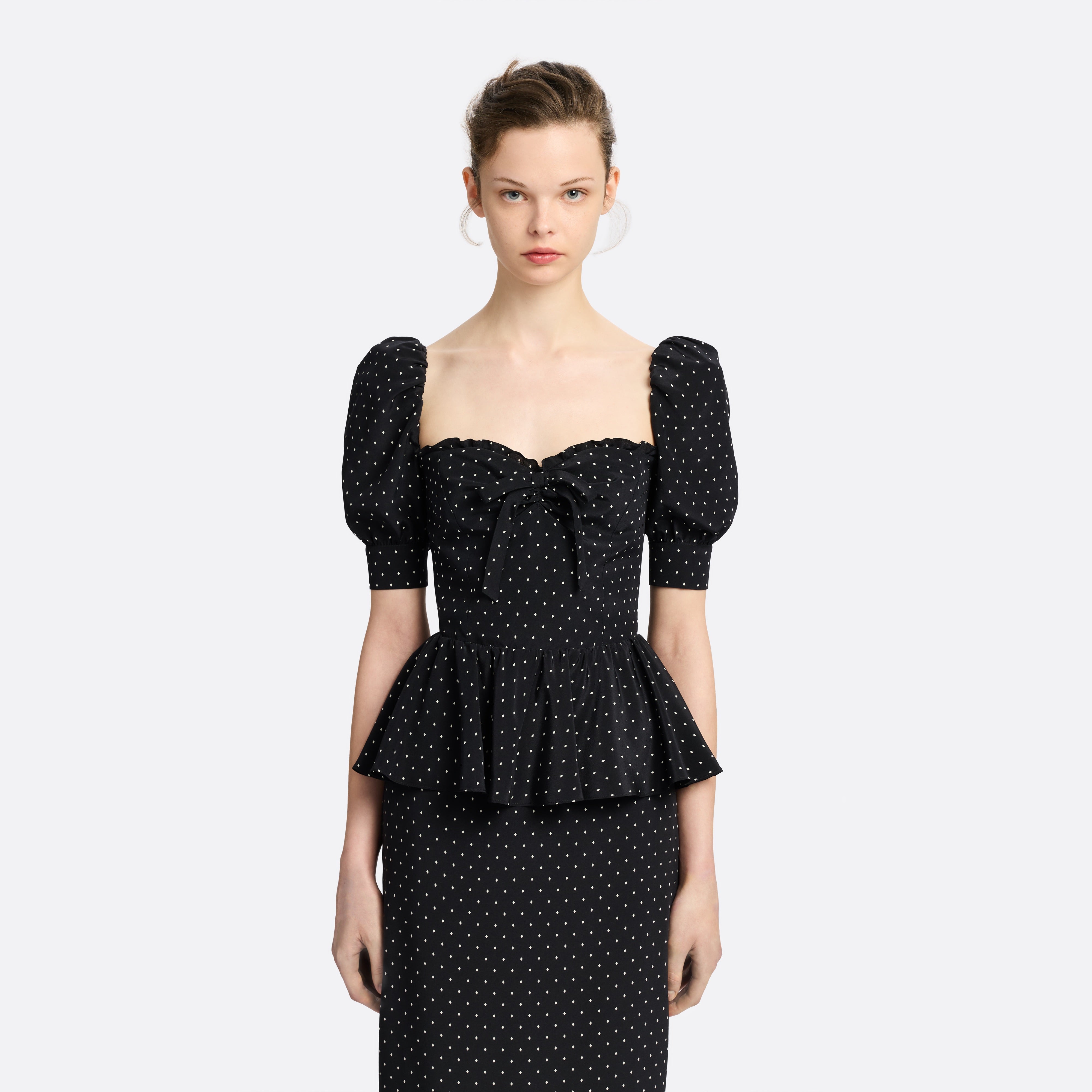 Alessandra Rich Silk Peplum Midi Dress robe noir-ivoire 36