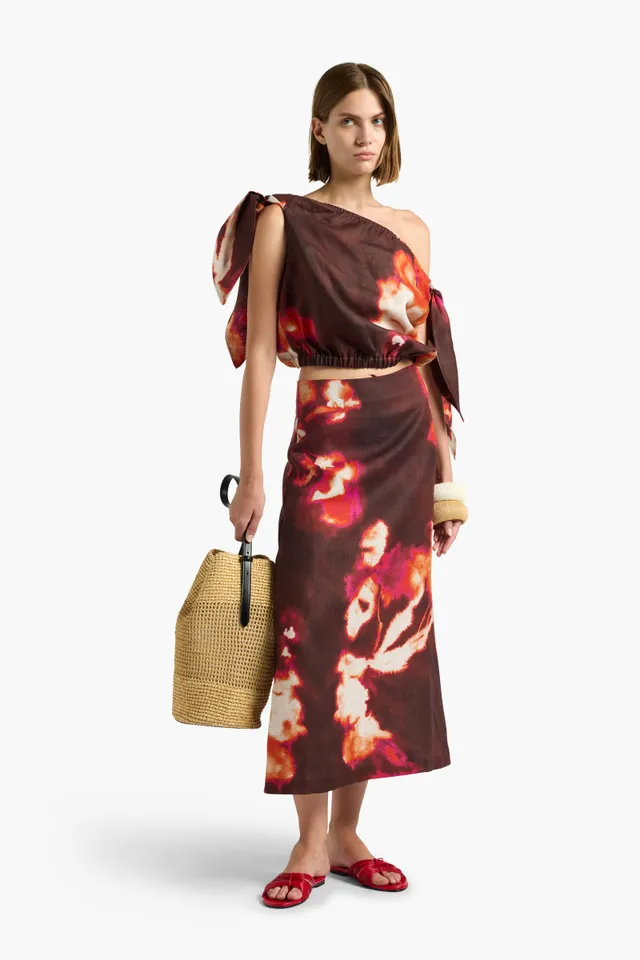 Liviana Conti Diana jupe midi lin bordeaux fleuri
