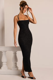 Oh Polly Monte Carlo robe maxi noire perlée col bénitier