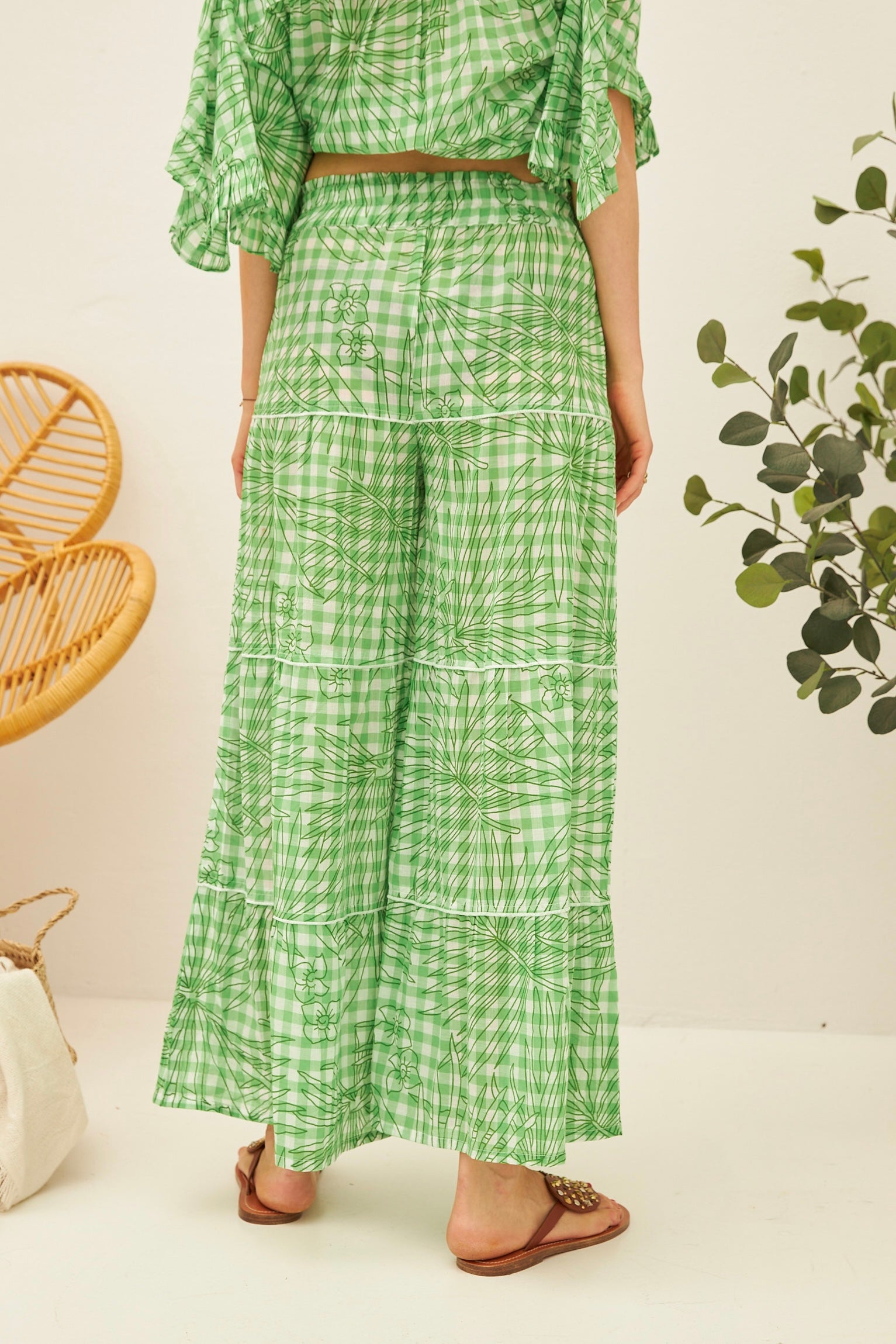 Chicosoleil Barclay pantalon ample vichy vert coton