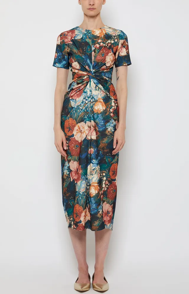 Prabal Gurung Twist Front Short Sleeve robe midi fleur verte