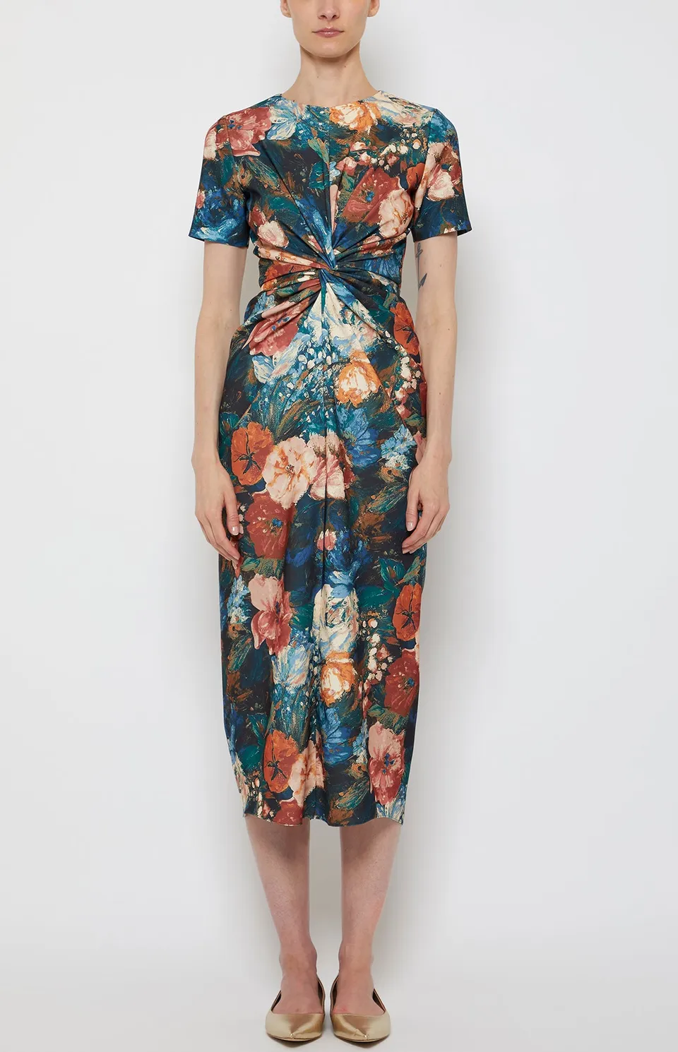 Prabal Gurung Twist Front Short Sleeve robe midi fleur verte