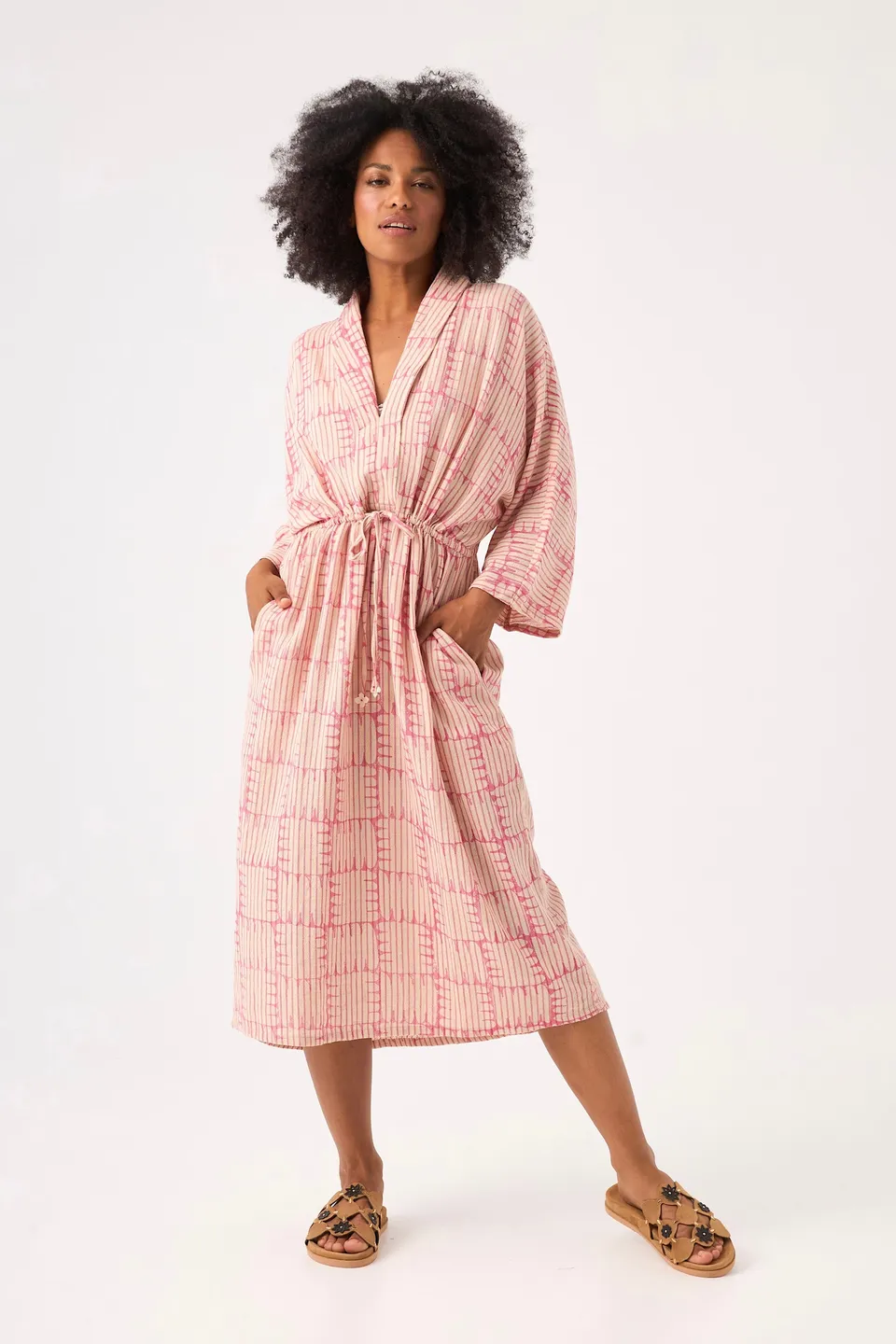 Chicosoleil Winona robe longue rose col châle coton