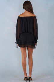 Oh Polly Alessia Mini Robe Noire Épaules Dénudées Volants