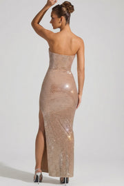 Oh Polly Lucile robe bustier strass miel fendue
