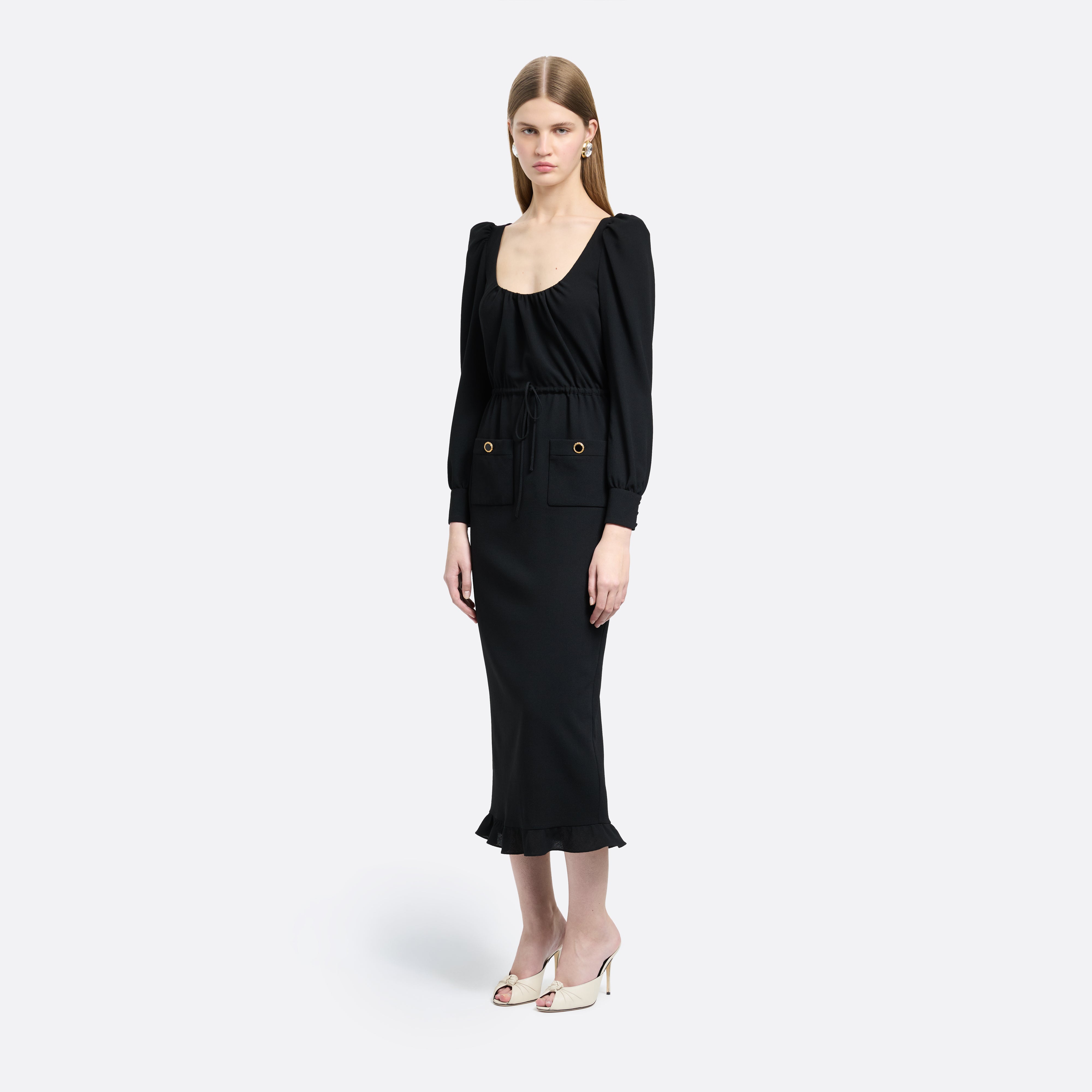 Alessandra Rich Wool Crêpe Midi robe noire laine taille 42