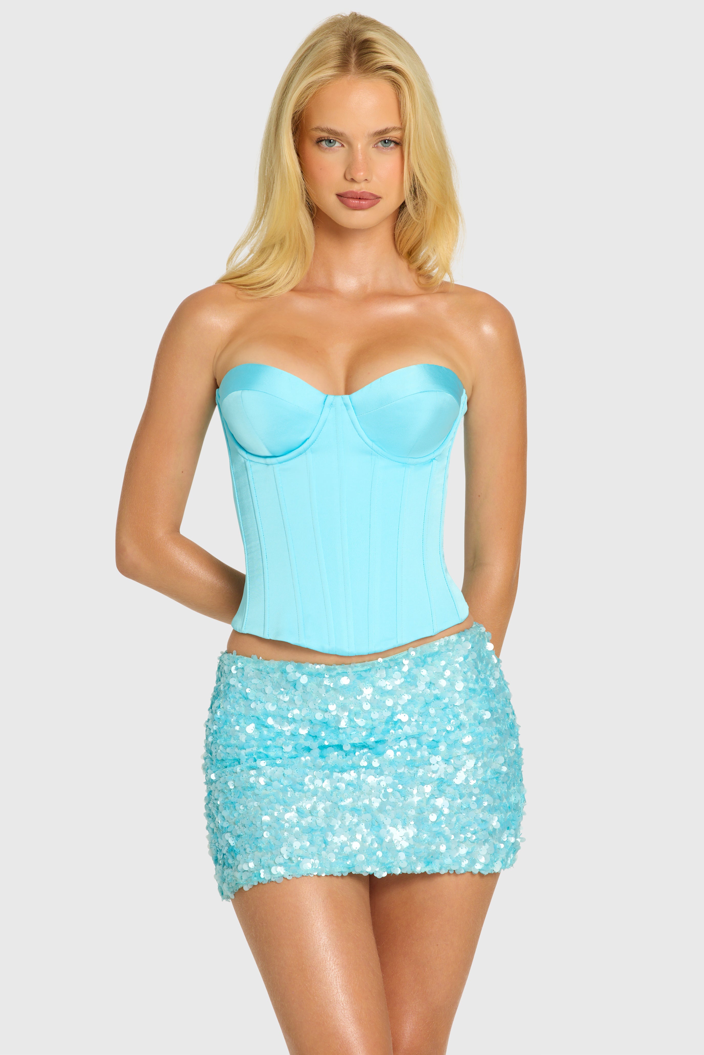 Oh Polly Araminta Top Corset Satin à laçage aquamarine