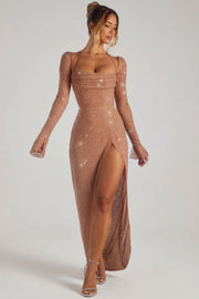 Oh Polly Champel 6139 robe maxi latte perlée