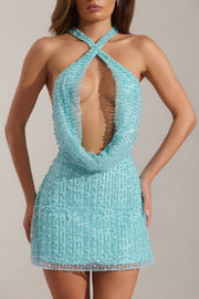 Oh Polly Sylune 14476 robe mini dos nu aquamarine perles