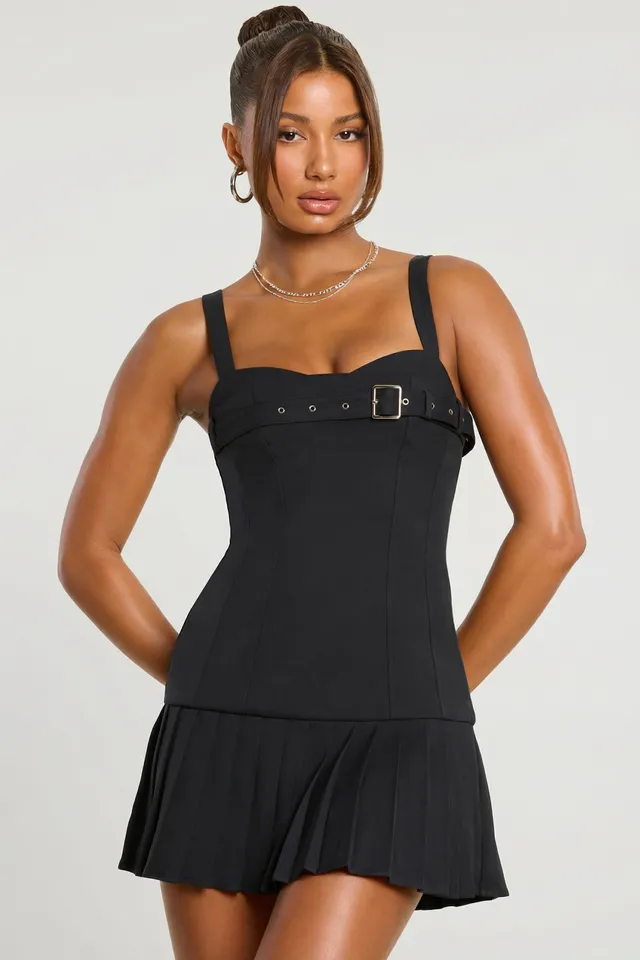 Oh Polly 7568 robe mini noire twill taille basse plissée