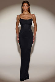 Oh Polly Embellished Celandine robe maxi noire dos nu strass