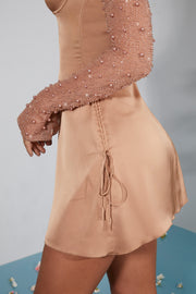 Oh Polly Embellished Geneva 6717 robe mini beige satin strass