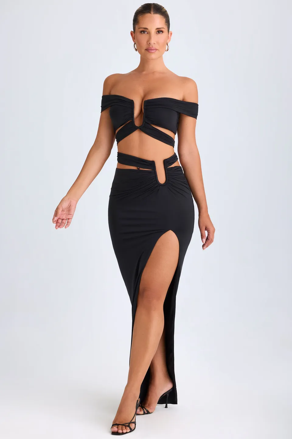 Oh Polly Urara Jupe Maxi Noir Découpes Fendue