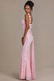 Oh Polly Embellished robe maxi rose bébé sequins traîne