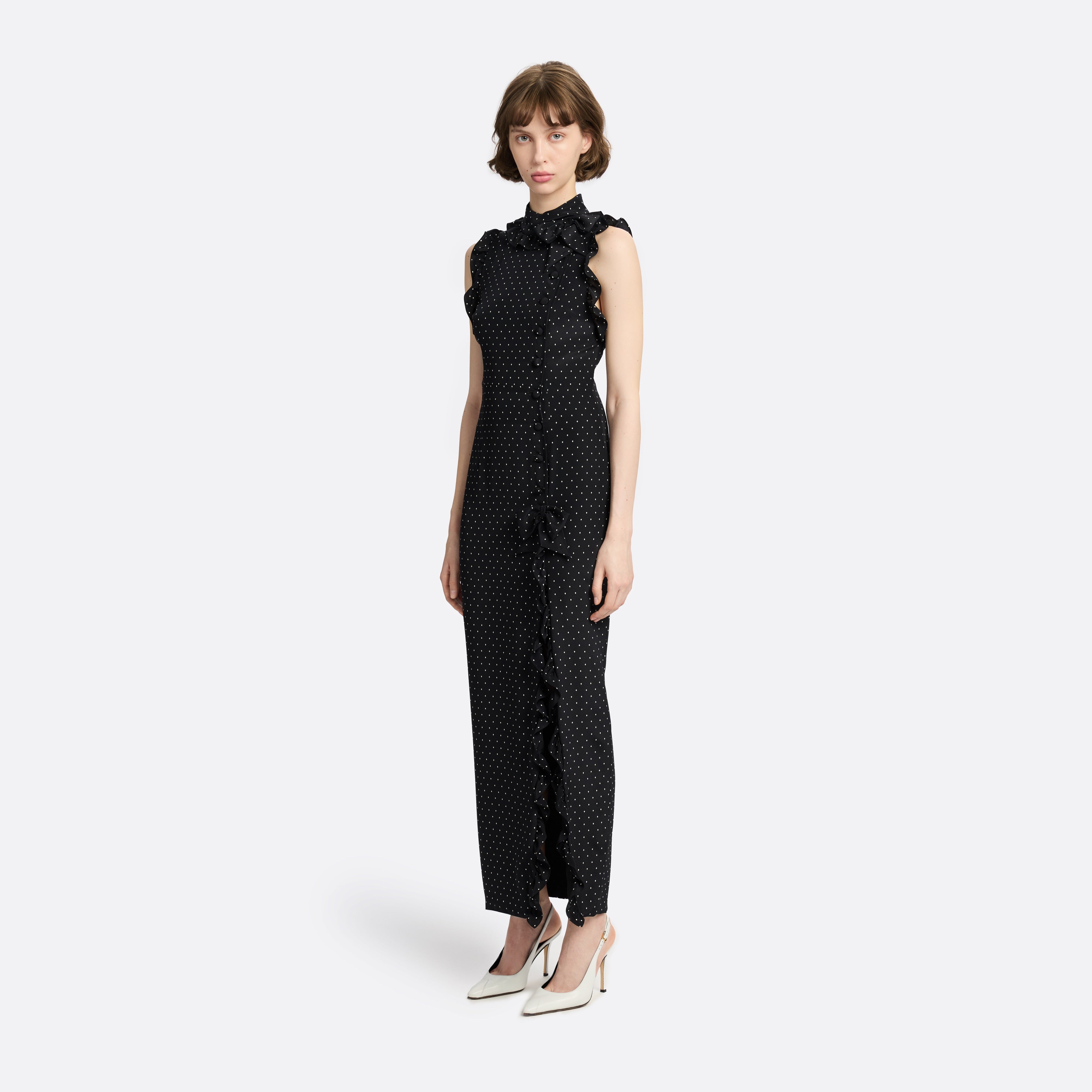 Alessandra Rich Silk High Neck Midi Dress robe noir ivoire 36-46
