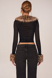 Oh Polly Lola Cardigan Mesh Noir Fourrure Léopard