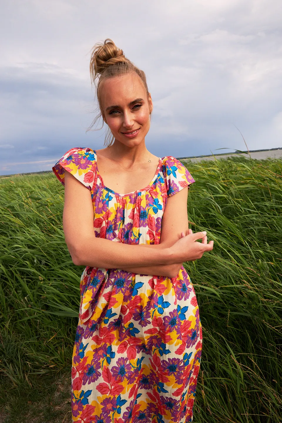 Chicosoleil Camilla robe écru Fleurs Jaipur midi coton