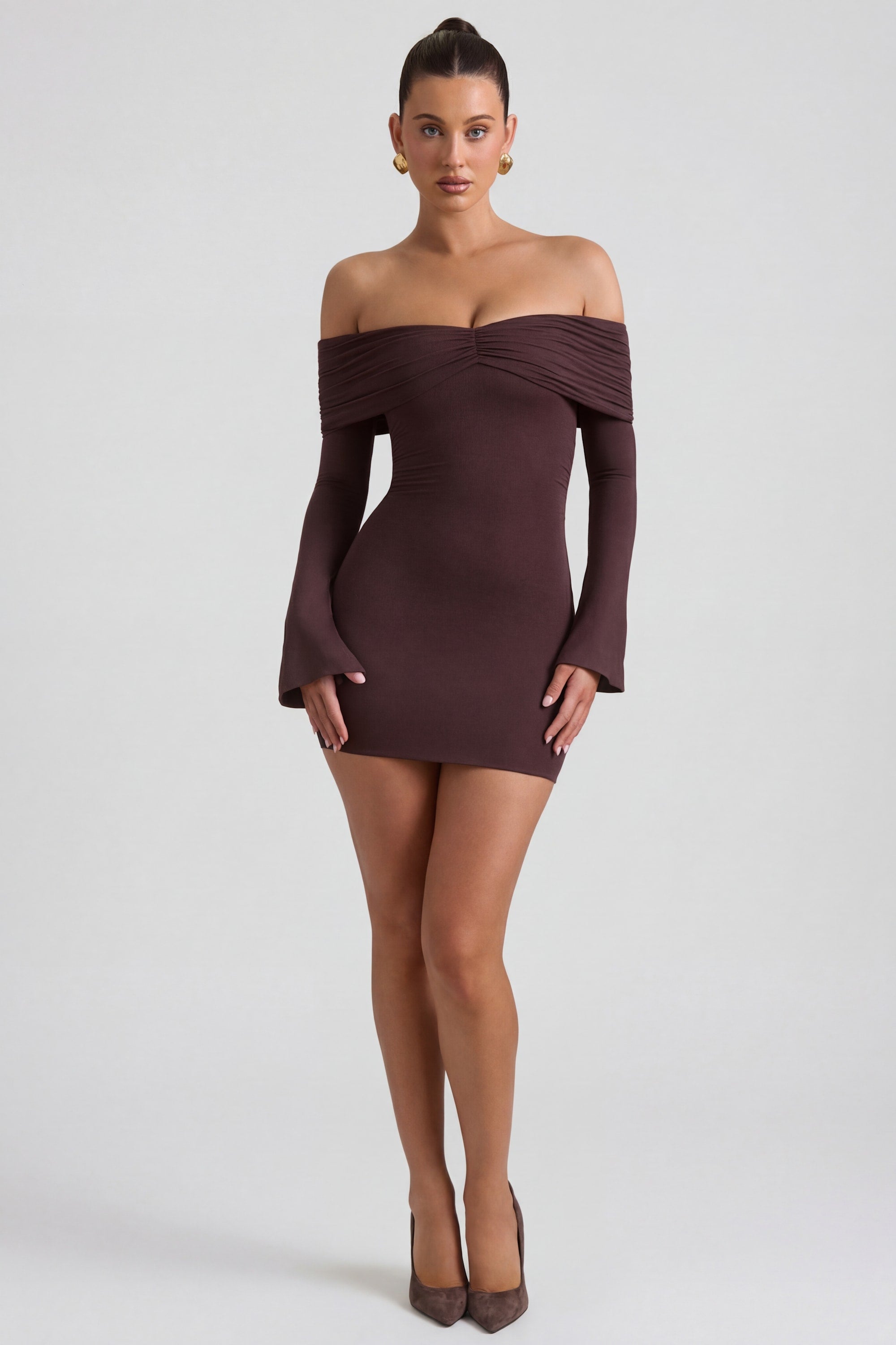 Oh Polly Dresses Thais Robe Mini Espresso Épaules Dénudées