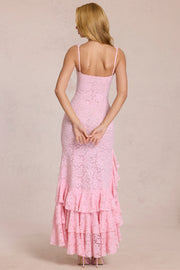 Oh Polly Celira robe longue dentelle rose blossom fente cuisse