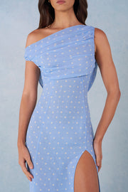 Oh Polly 16001 Robe Maxi Une Épaule Bleu Pois