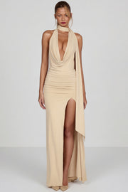 Oh Polly Navina robe maxi jersey champagne dos nu fendue