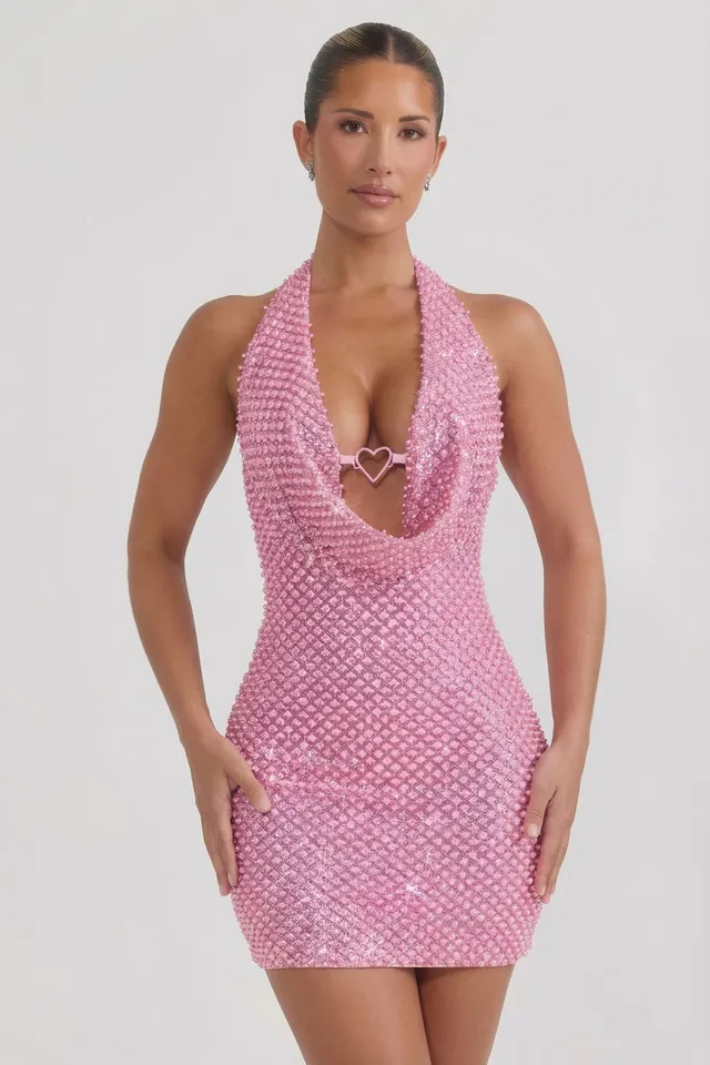 Oh Polly Mabella Mini Robe Rose Strass Perles