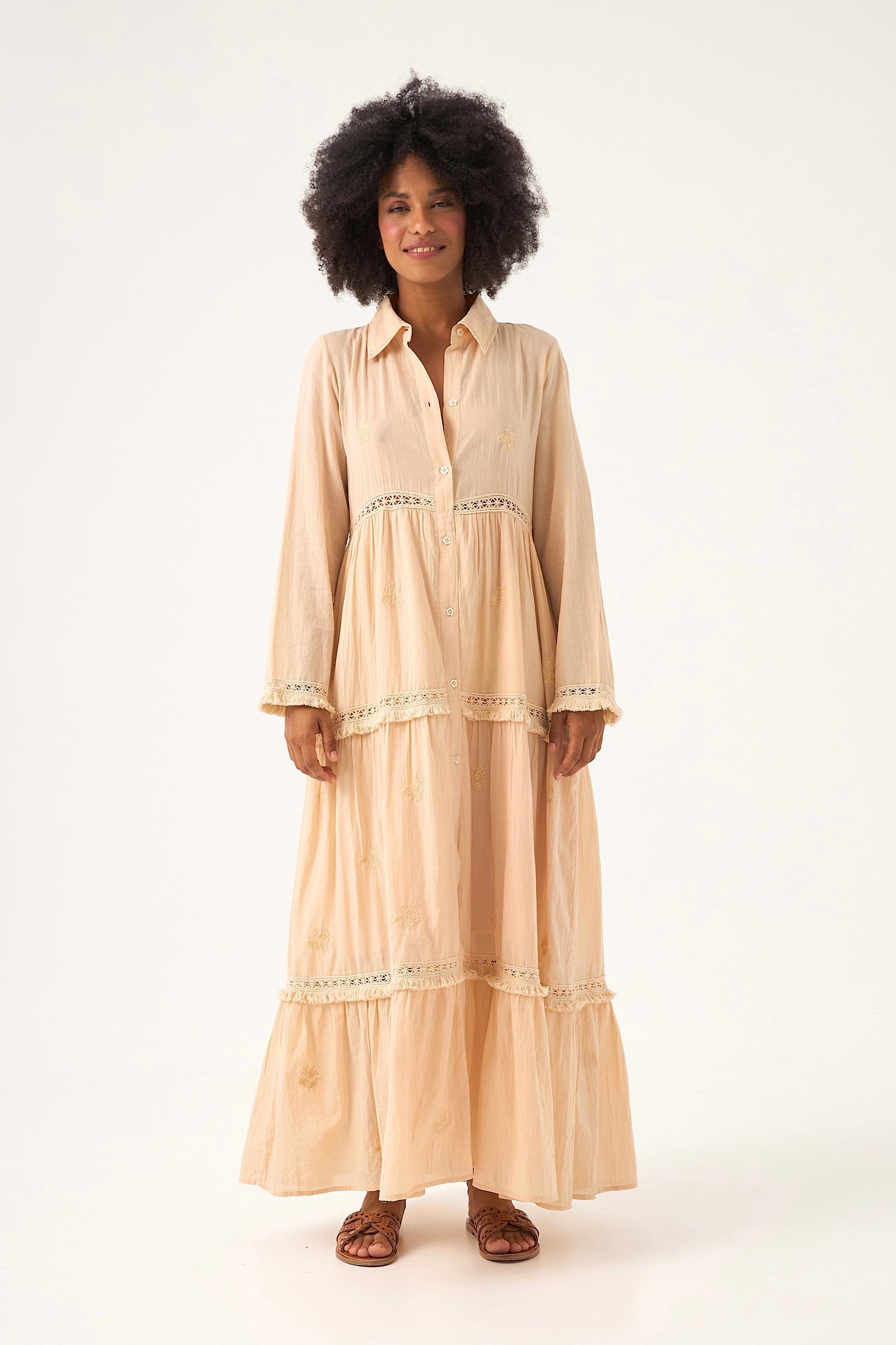 Chicosoleil Selena robe longue beige sève coton brodée