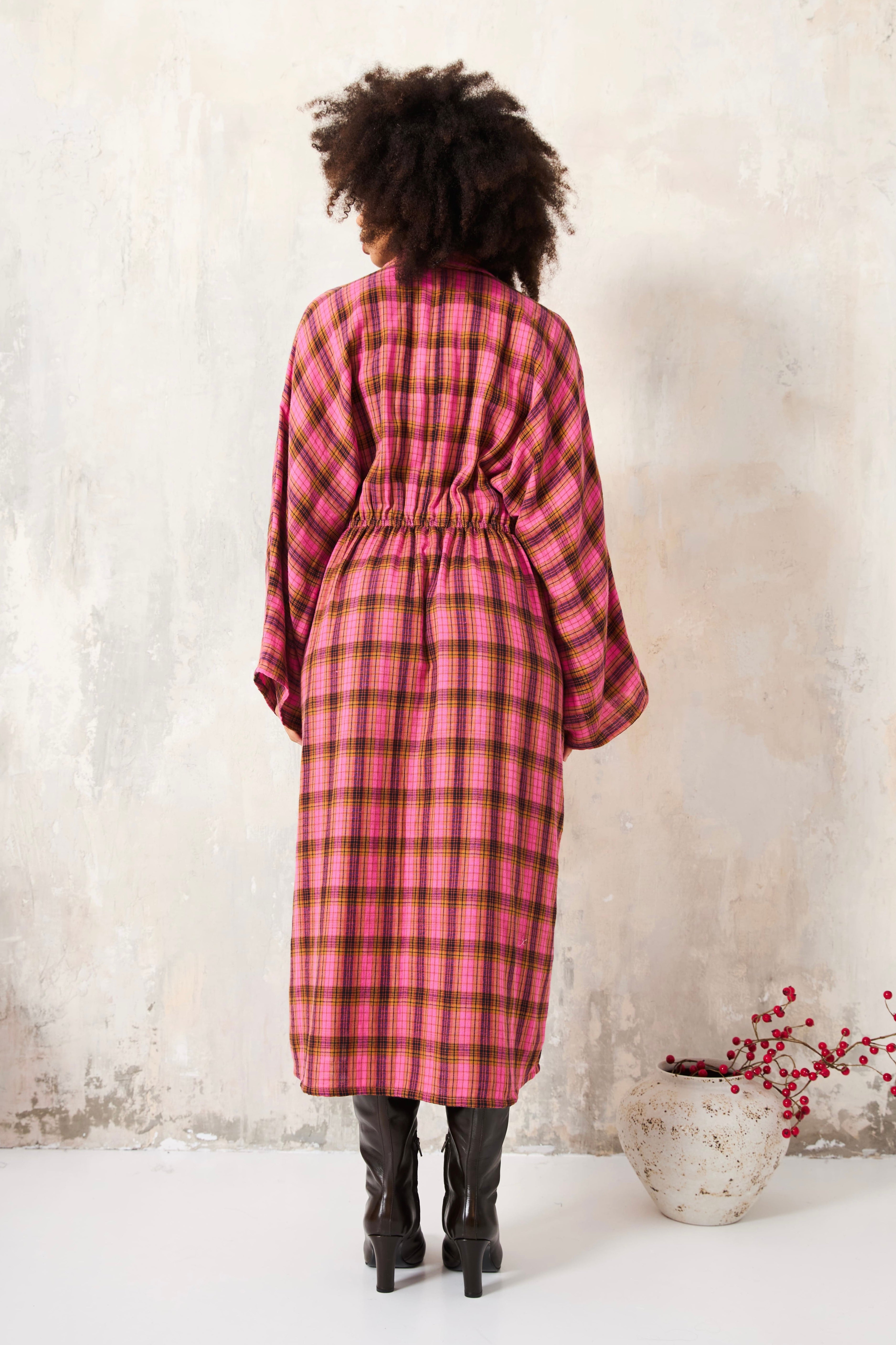 Chicosoleil Robes Winona robe longue rose carreaux coton