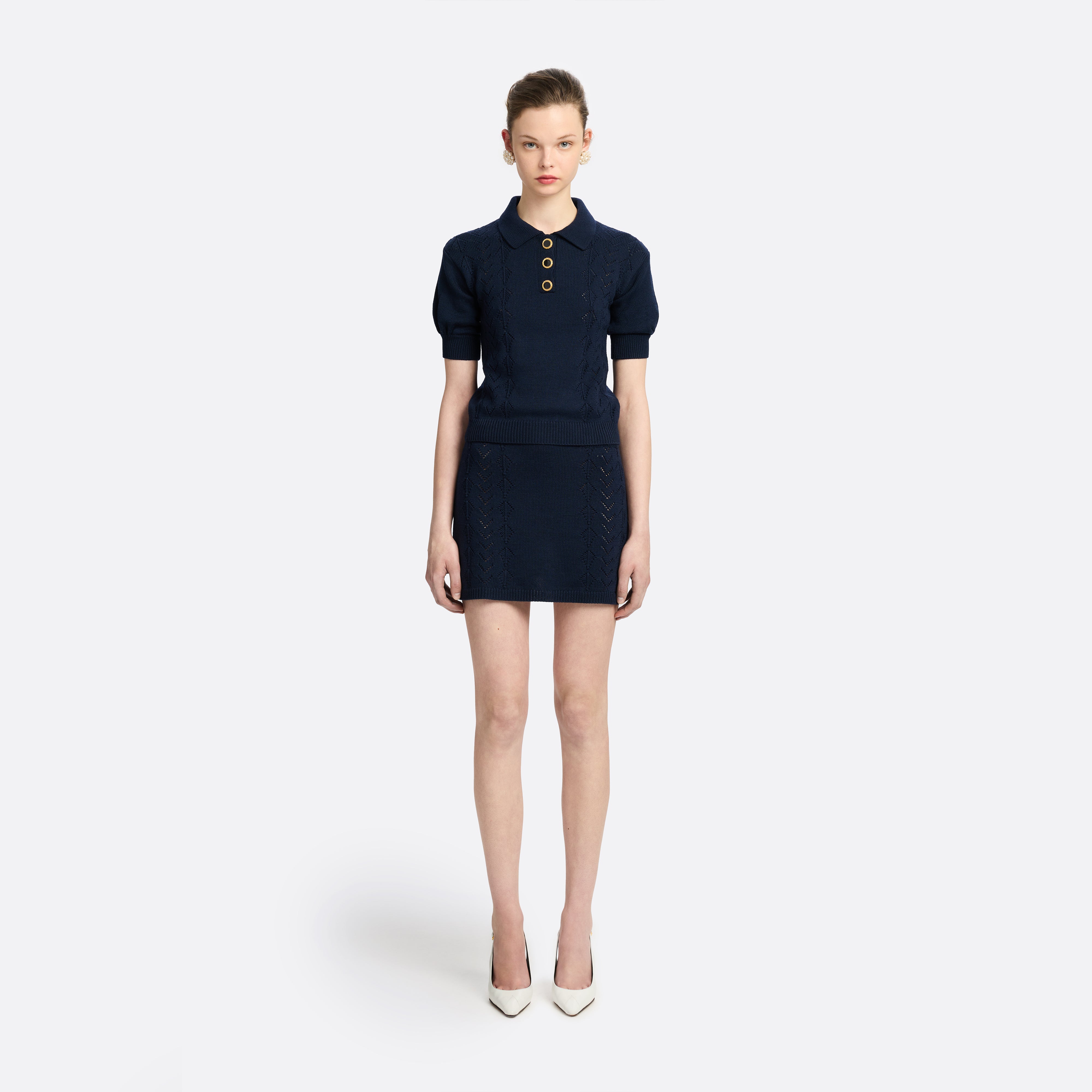Alessandra Rich Knitwear polo dentelle laine bleu marine 36-46