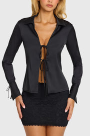 Oh Polly Tops Hettie Chemise Satin Noire Nouée