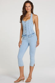 Oh Polly Romee combinaison jean capri denim clair stretch