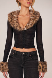 Oh Polly Lola Cardigan Mesh Noir Fourrure Léopard