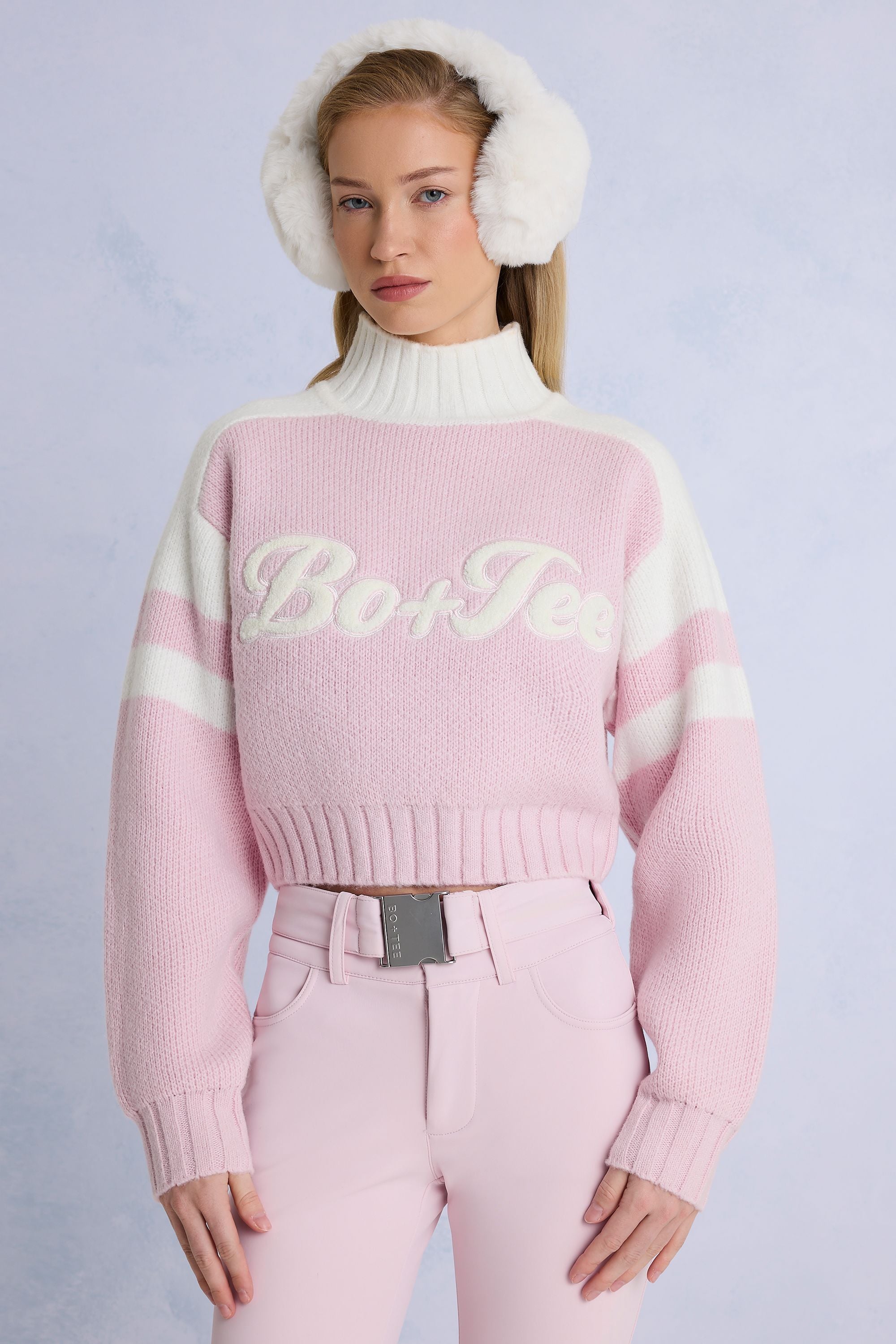 Oh Polly Knitwear BT1963B pull cropped rose poudré col roulé