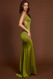 Oh Polly Vittoria robe maxi olive satin dos lacets