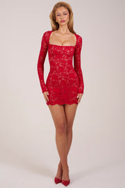Oh Polly Darla robe mini dentelle rouge rose manches longues