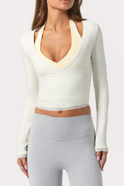 Oh Polly Tops Wrap Top Coconut jersey col V dentelle