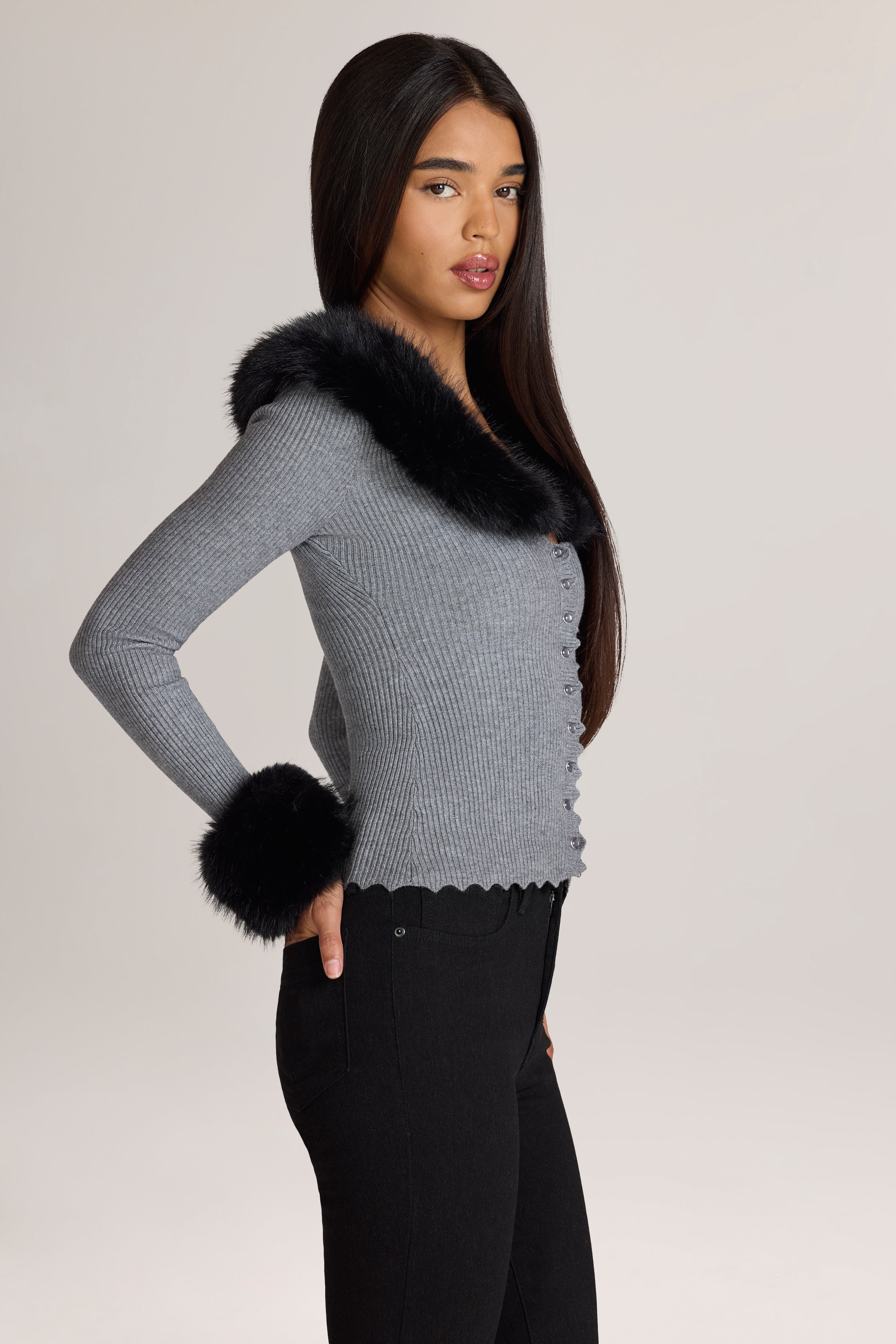 Oh Polly Lissie cardigan maille gris fausse fourrure