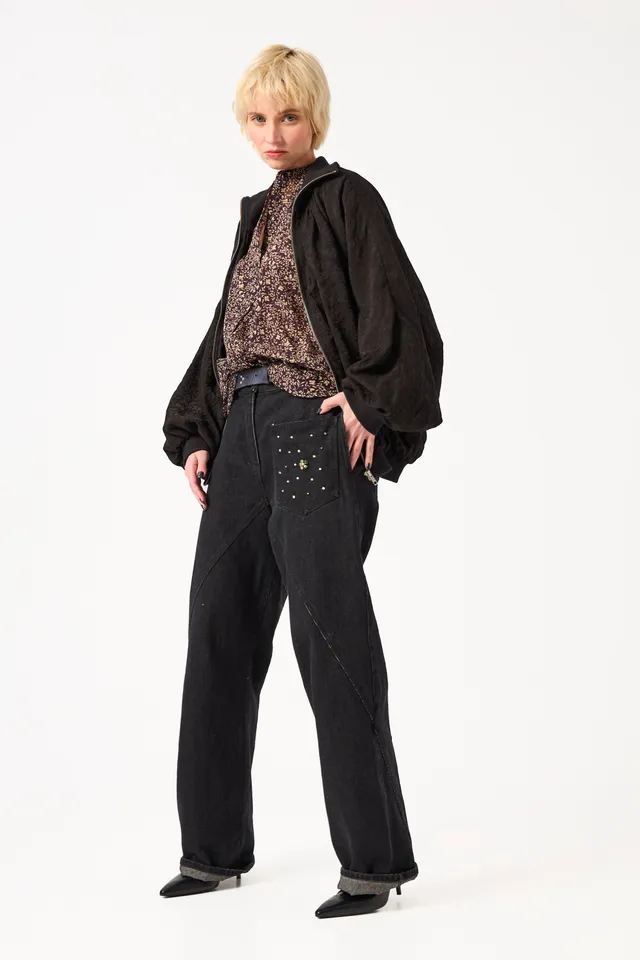 Chicosoleil Hitomi jean wide leg noir coton broderies
