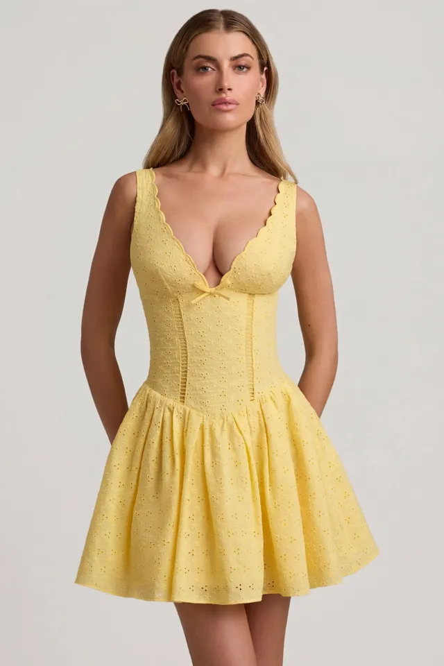 Oh Polly Sabina mini robe broderie jaune pastel nœud