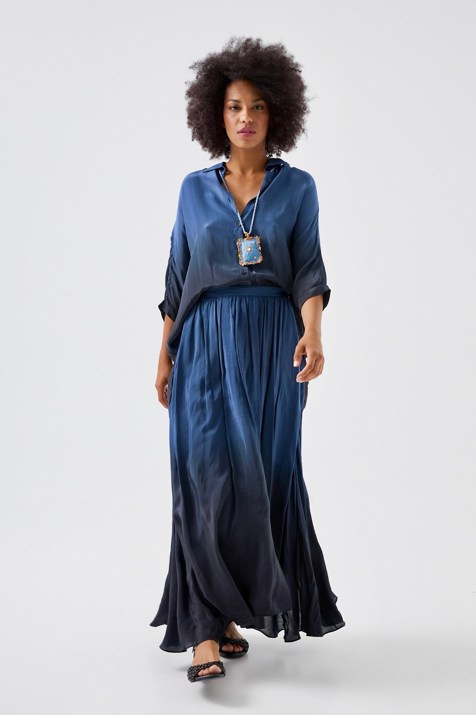 Chicosoleil CHAGALL chemise viscose Tie Dye Bleu satin