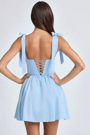 Oh Polly Draped Corset Mini Robe Bleu Ciel Satin Dos Lacé