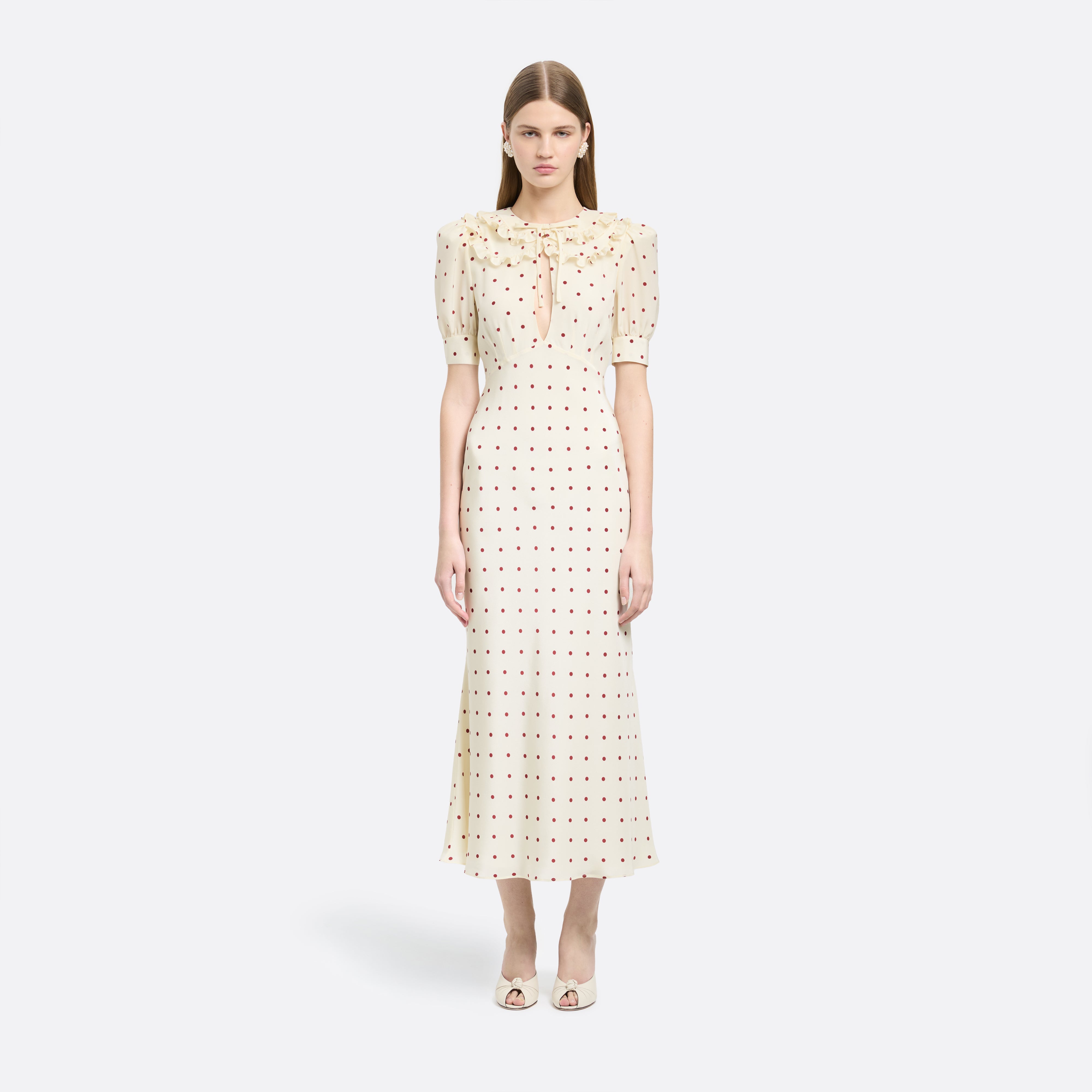 Alessandra Rich Dresses robe midi soie pois crème bordeaux
