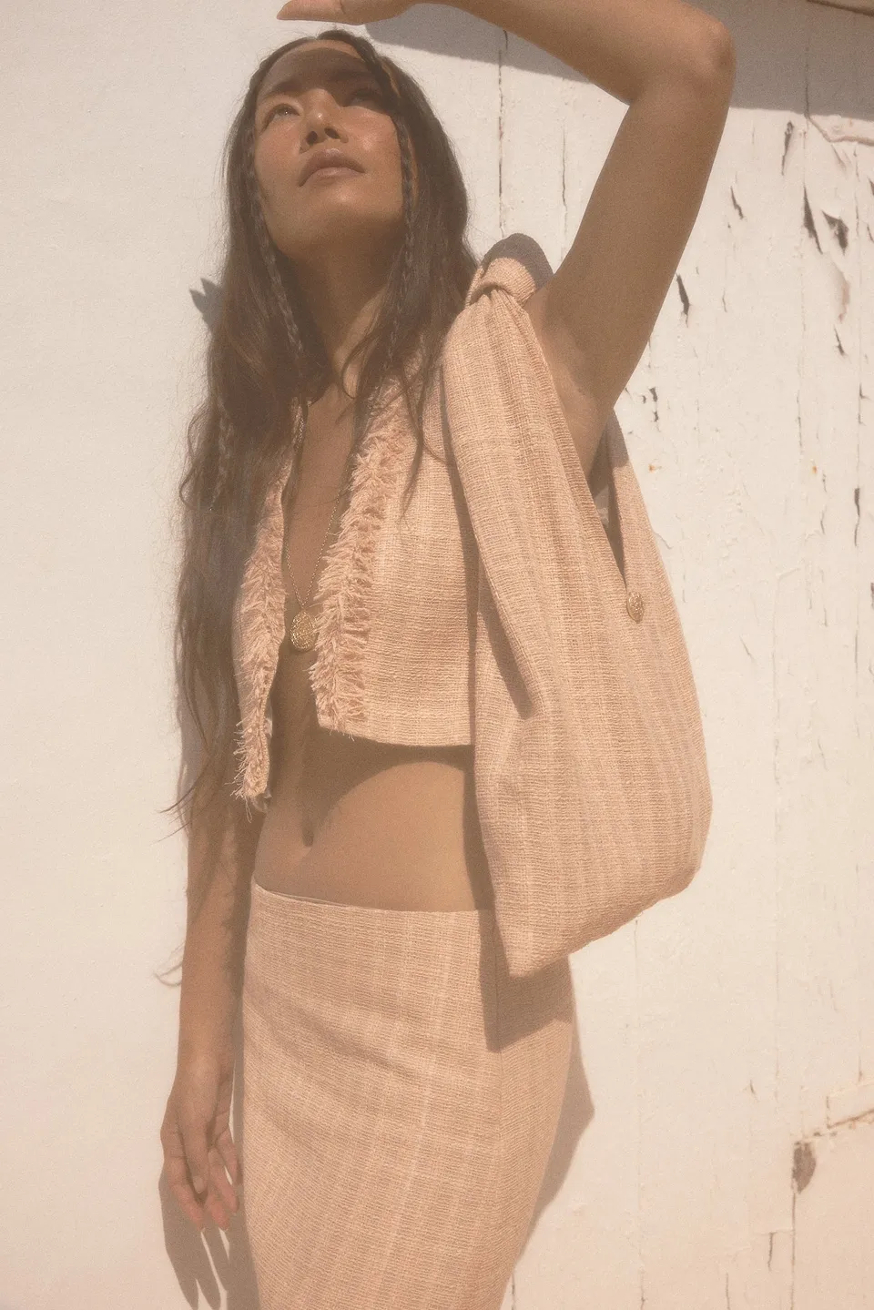 The Ethiquette Comporta Rosima gilet tweed taille marquée