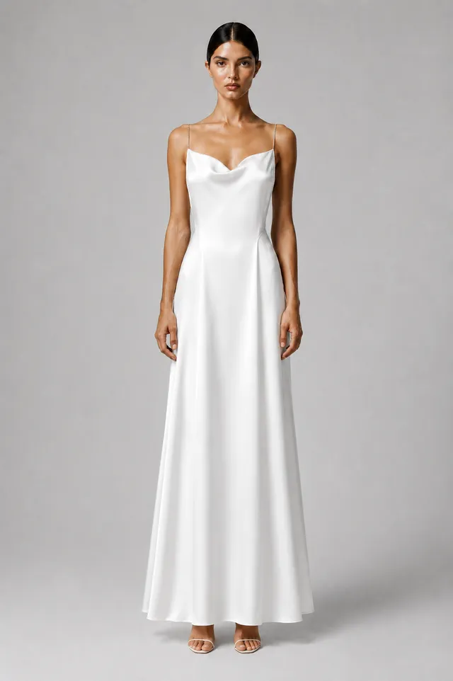 The Ethiquette Jenna robe longue blanche satin de soie Swarovski