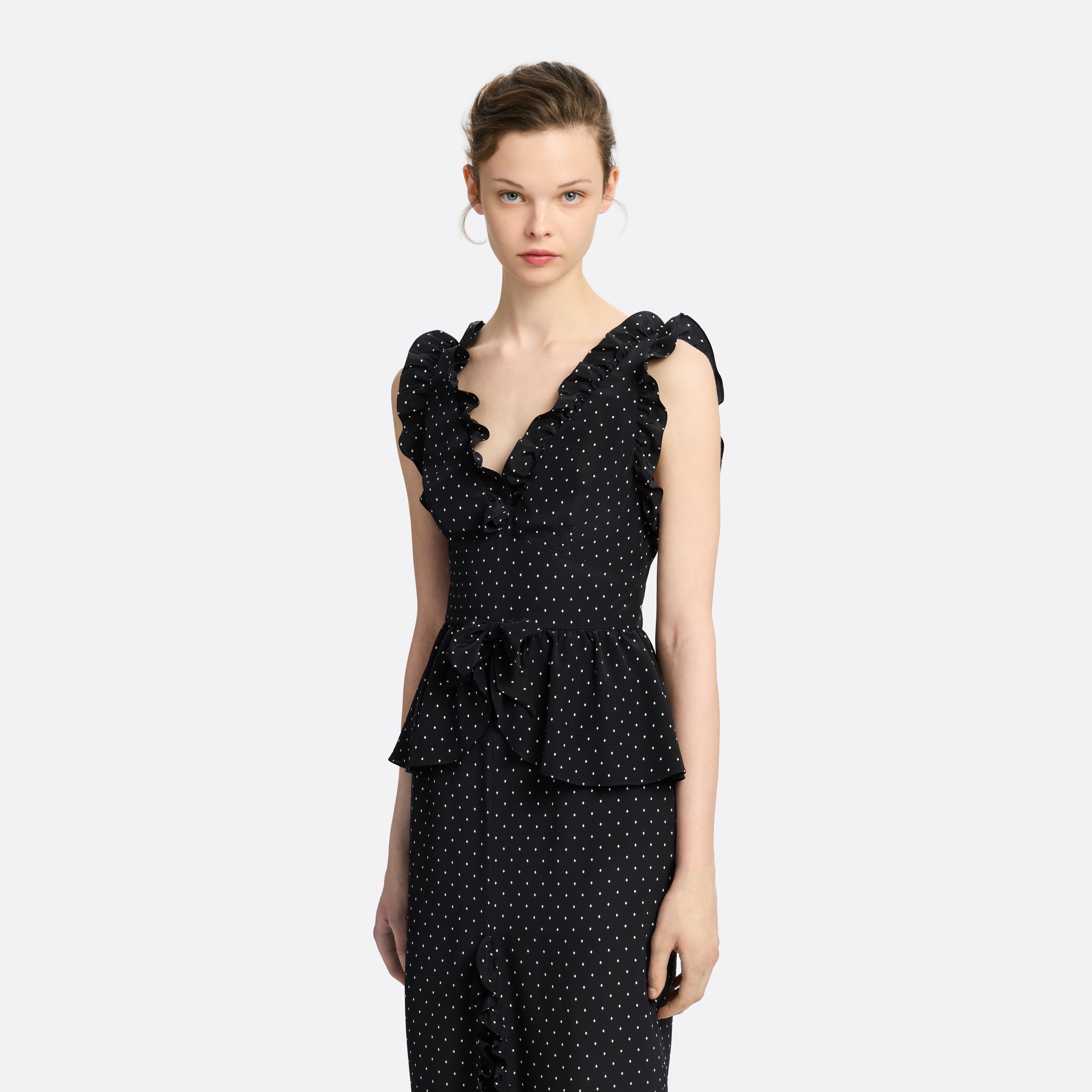Alessandra Rich Silk Peplum Midi Dress robe noir ivoire 36-46