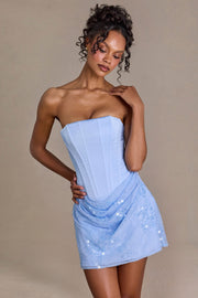 Oh Polly Embellished robe mini satin bleu ciel sequins