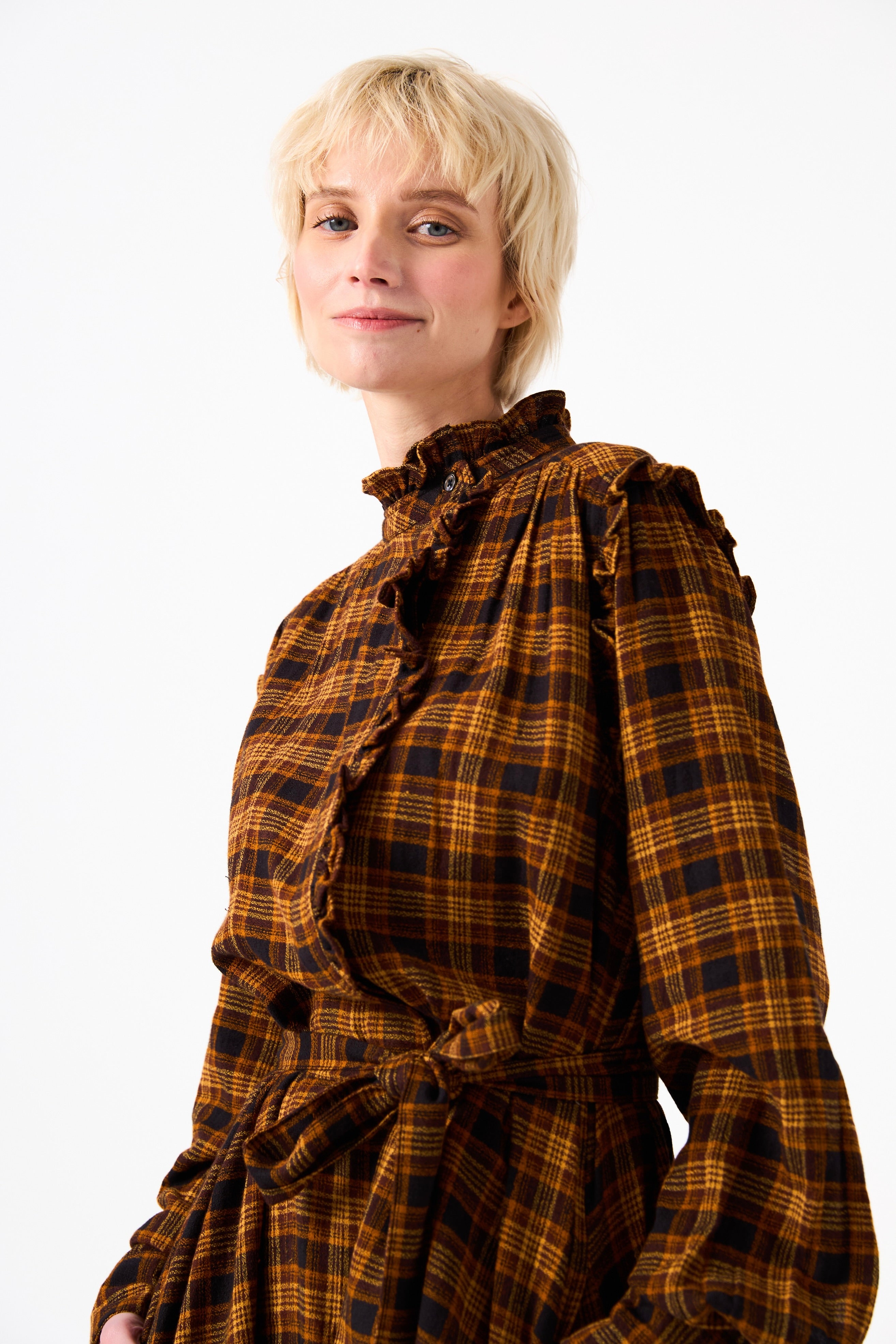 Chicosoleil Aina robe mi-longue tribal plaid coton ceinture