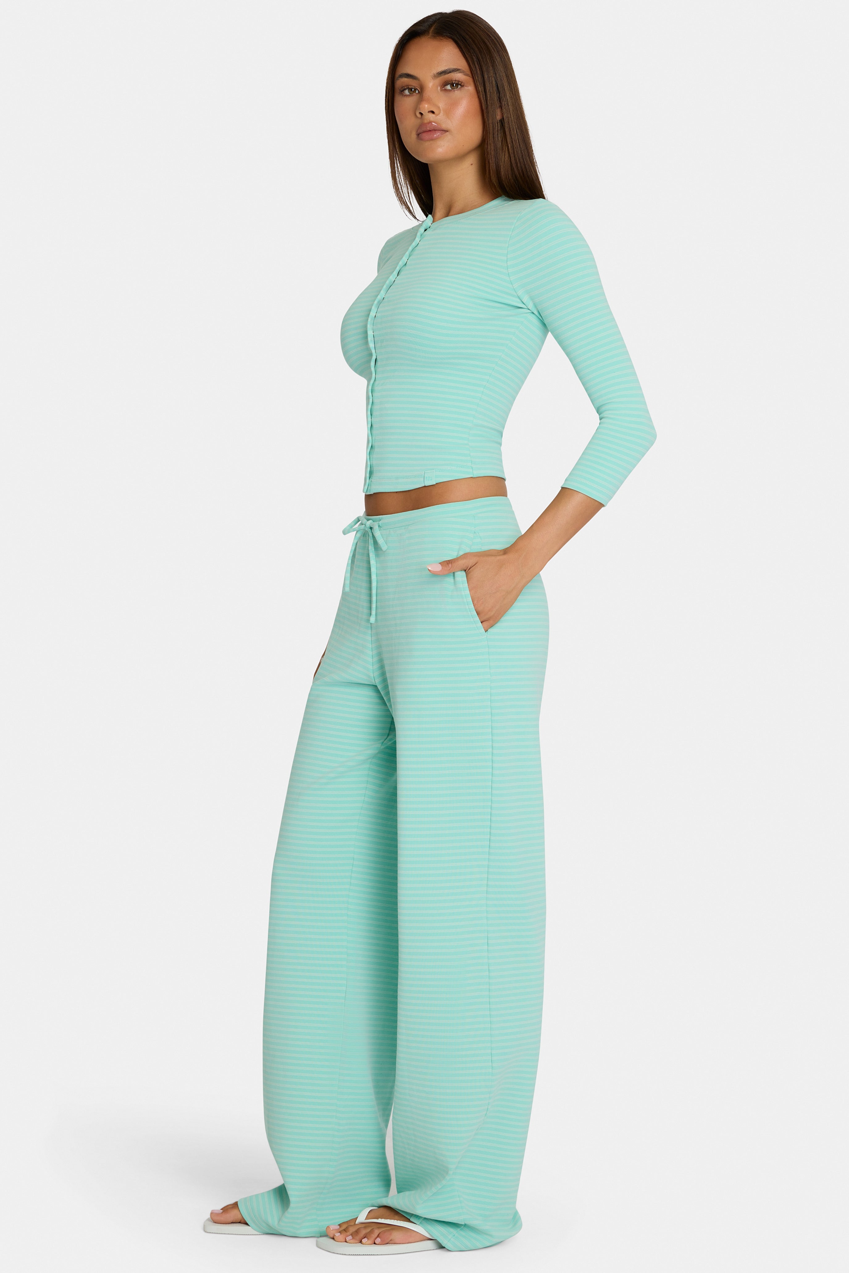 Oh Polly Bo+Tee pantalon large aqua stripe taille basse